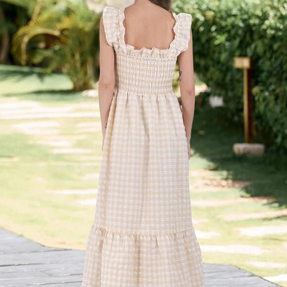 Women's Retro Plaid Smocked Dress Spaghetti Strap Flounce Long Dress - Picture 5 of 6